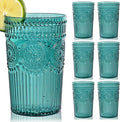 Ciaell 12 Pack Romantic Plastic Water Glasses - 14 Oz Green Vintage Drinking Glasses, Embossed Ribbed Plastic Cups, Textured Striped Set for Juice, Beverages, Beer, Cocktail