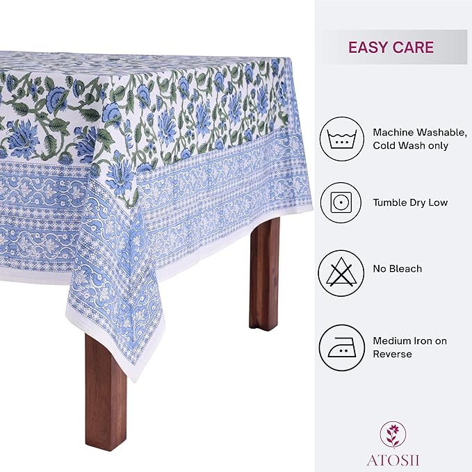 ATOSII Taj 100% Cotton Rectangle Fall Tablecloth, Handblock Floral Print Linen Table Cloth for Kitchen Dining I Parties, Outdoors, Christmas, Thanksgiving I 72 X 108 Inches I 8 Seater