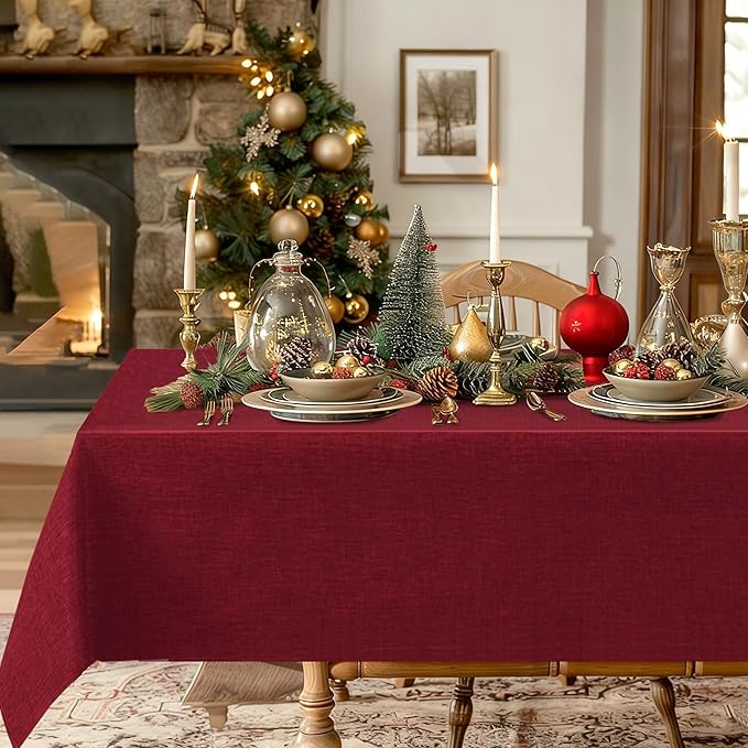 Hiasan Faux Linen Rectangle Tablecloth - Wrinkle and Stain Resistant Washable Table Cloth for Kitchen Dining Room Holiday Table Cover for Dinner, Red, 60 x 102 Inch