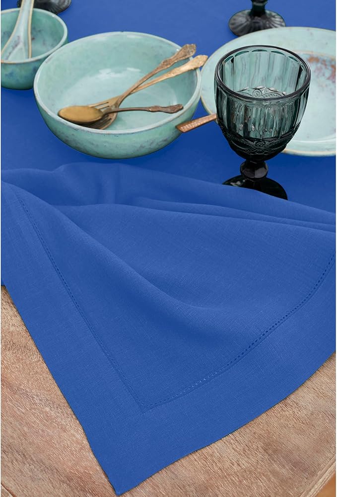 Solino Home Royal Blue Linen Tablecloth 54 x 72 Inch - 100% Pure Linen Hemstitch Table Cloth for Rectangle Tables - Classic Hemstitch, Machine Washable Tablecloth for Spring