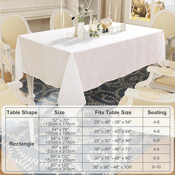 Smiry Rectangle Table Cloth, Waterproof Anti-Scratch Polyester Tablecloth, Decorative Washable Fabric Table Cover for Dining, Buffet, Parties and Outdoor, 52x70, White