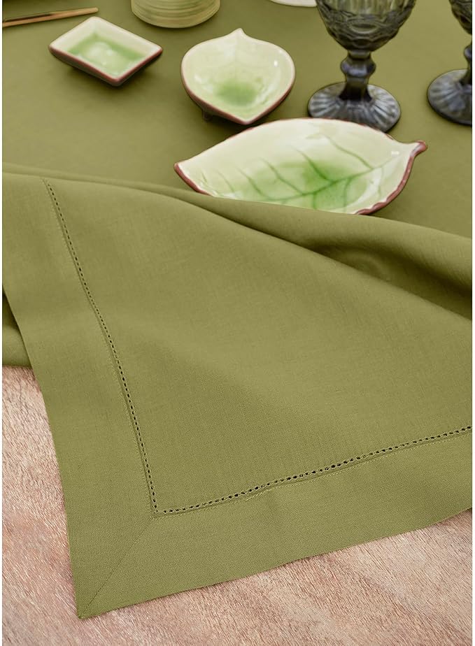 Solino Home Linen Tablecloth 60 x 144 Inch - Classic Hemstitch 100% Pure Linen Avocado Green Table Cloth for Rectangle Tables - Machine Washable Tablecloth for Winter, Spring, St Patricks Day, Easter
