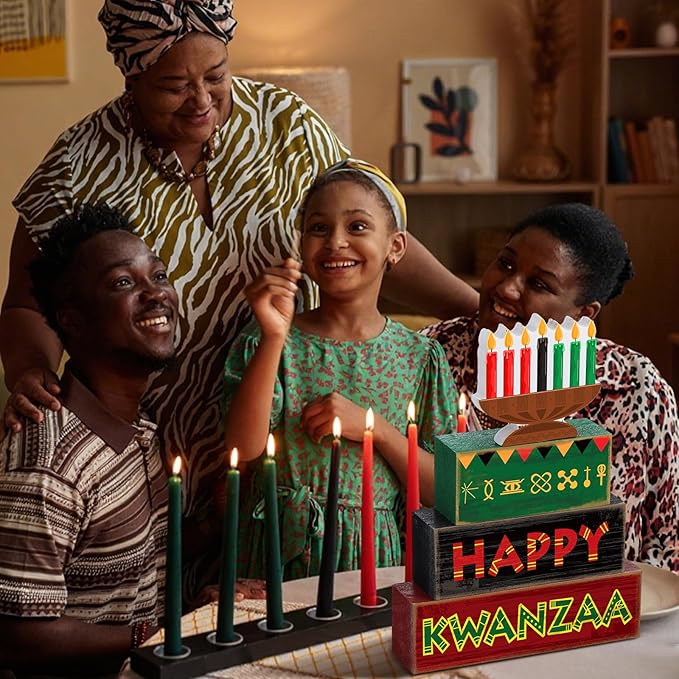 4 Pcs Happy Kwanzaa Table Decorations Kwanzaa Tiered Tray Decor Rustic African Candlestick Wood Block Tabletop Sign Gift Centerpiece Farmhouse Table Decor for Home Office Party Supplies