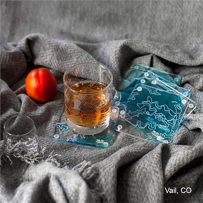 Mammoth Mountain 3D Contour Map Glass Drink Coasters of Mountains, Ski Resort, Set of 6 with Holder, Housewarming Birthday Gifts, Home Decor