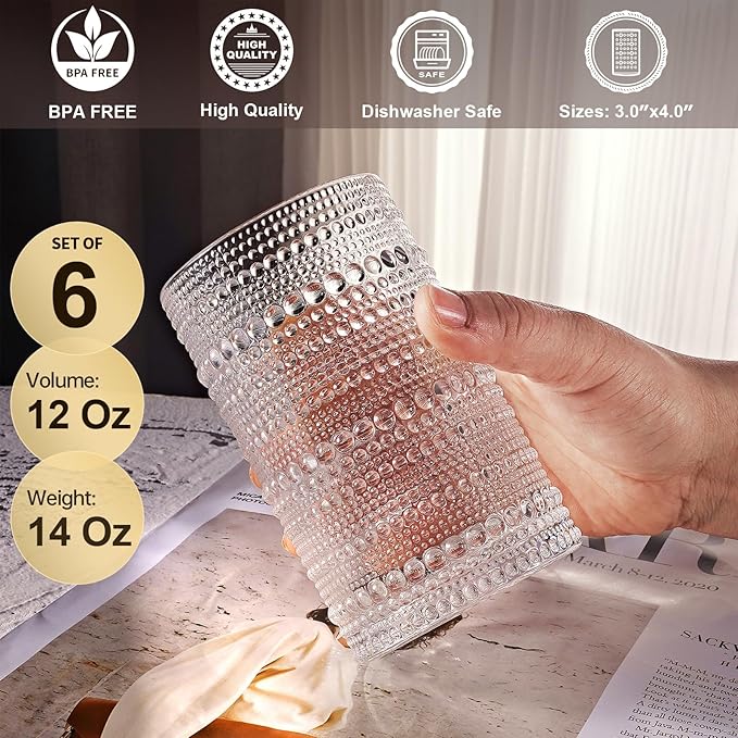 hobnail drinking glasses Highball Glasses Set of 6 12oZ Embossed Vintage Drinking Water Cocktail Whiskey Beverages Juice Milk Soda Gift for Men Women-Fathers Day Gift