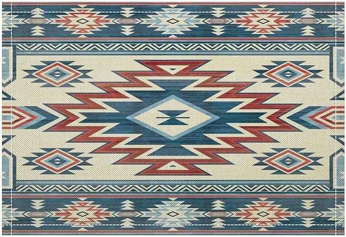 Ethnic Aztec Placemat Set, Vintage Bohemian Rustic Farmhouse Blue Red Mystic Native Tribal Geometric Totem Pattern Home Decor Linen Table Mats for Dining Room Kitchen Party (17x12in) x4P