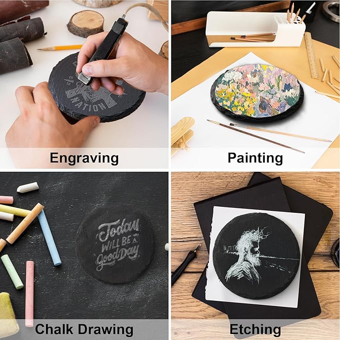 16 Pack Stone Coaster Set with Metal Stand 4-inch Round Laser-Engraved Black Stone Coasters with Protective Pads on The Bottom Ideal for Home,bar, and Gift Occasions (Weddings, housewarmings)