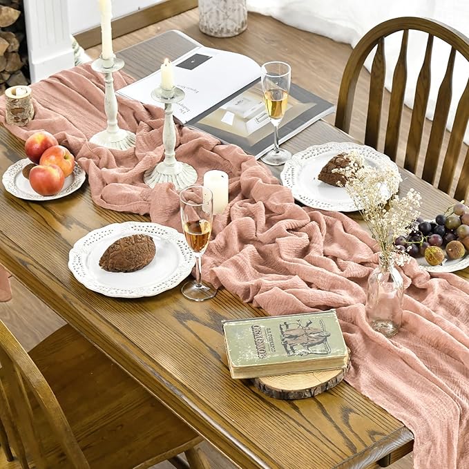 Artoid Mode Boho Cheesecloth Gauze Peach Powder Wedding Table Runner, 120 Inch Seasonal Christmas Winter Fabric Kitchen Dining Holiday Table Decor for Home Party Indoor