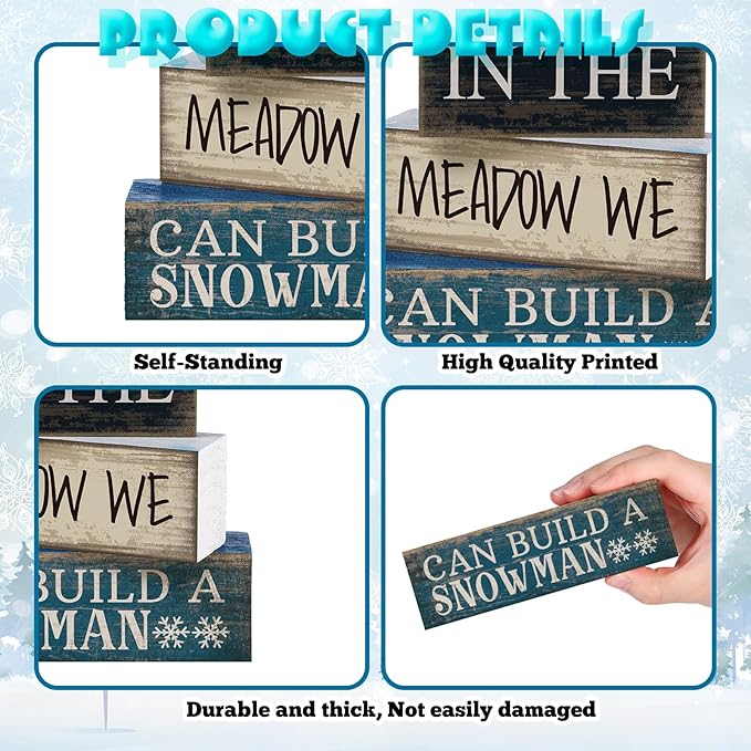 4 Pcs Winter Table Decoration Blue Snowman Decor Winter Tiered Tray Decor Christmas Centerpiece Decorative Wooden Snowman Block Sign Decoration for Home Kitchen