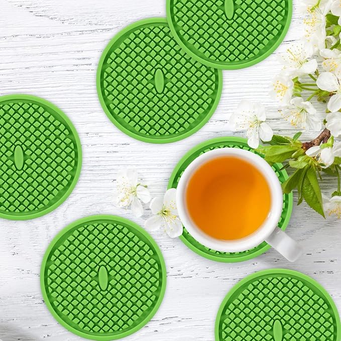 ME.FAN Silicone Coasters [6 Pack] Thickened Drink Coasters with Holder - Cup Mat - Non-Slip, Non-stick, Stay Put, Deep Tray - Prevents Furniture and Tabletop Damages(Green)