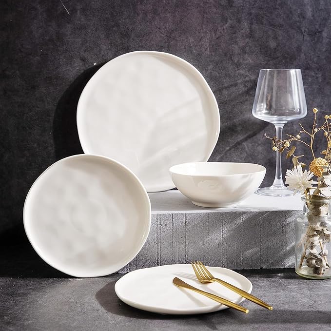LERATIO Ceramic Plates,8.0 inch Salad Plates Set of 6,Handmade Porcelain Plates for kitchen with Wavy Edge,Microwave & Dishwasher & Oven Safe,Light weight & Scratch Resistant Dishes-White