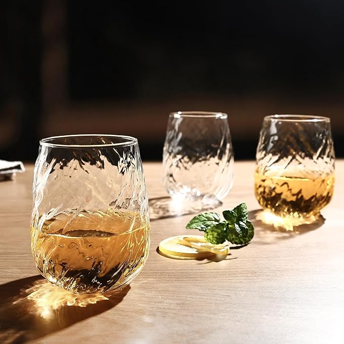 Stemless Wine Glasses Set of 12, 17Oz Red/White Wine Glasses with No Stem, Chiseled Textured Glassware Set for Daily Use, Home Bar, Birthdays, Housewarming Gift, Dishwasher Safe