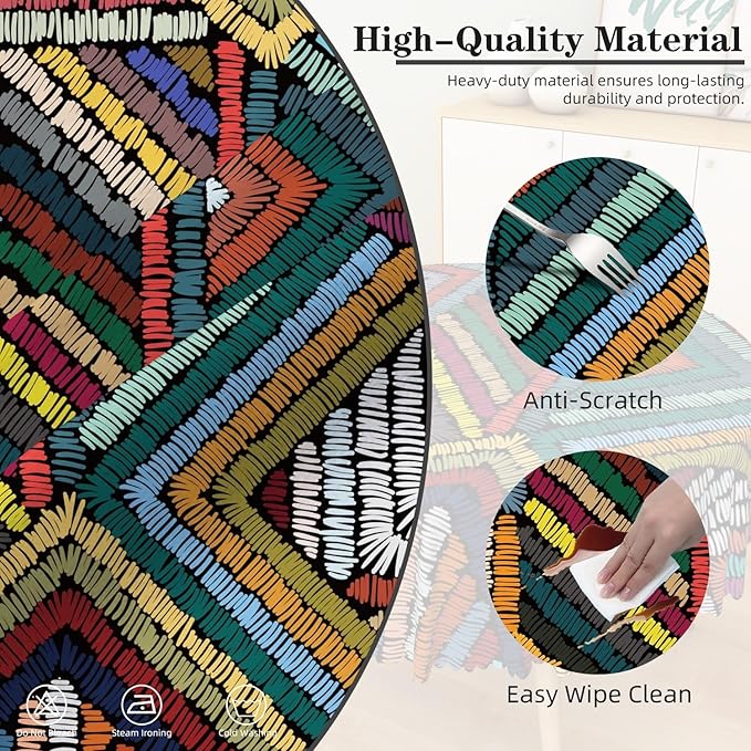 Laeacco 36 Inch Colorful Patchwork Round Tablecloth Woven Geometric Pattern Abstract Art Print Table Cloth Washable Waterproof Wrinkle Free Table Cover for Kitchen Dining Picnic Party Decoration