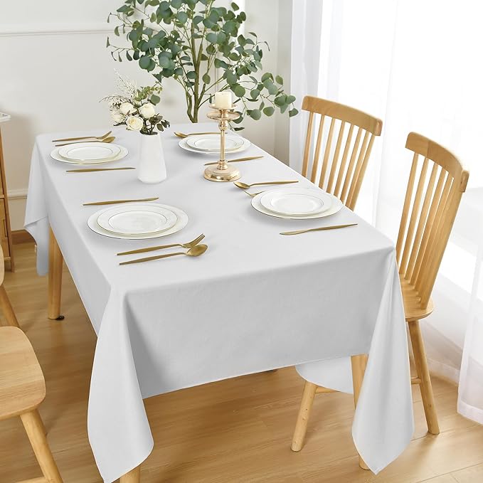 JIUZHEN Faux Linen Farmhouse Tablecloth Rectangular, Wrinkle Stain Resistant Table Cloth Rectangle Table Cover for Kitchen Dining, Holiday Party Dinner, White, 70 x 140 Inch