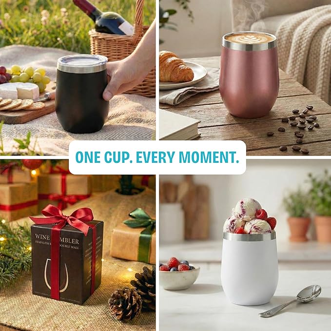 CHILLOUT LIFE 12 oz Stainless Steel Wine Tumbler with Lid - Double Wall Vacuum Insulated Wine Cup Glass Keeping Cold & Hot for Coffee, Champagne, Cocktails, Ice Cream - Dishwasher Safe Finish