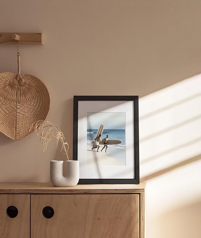 HAUS AND HUES 9x12 Picture Frame with Real Glass and Black American Oak Matted to 6x8 - Oak 12x9 Picture Frame - Includes Vertical & Horizontal Hang - Ideal for Home, Room, Office (9x12 in, Black)
