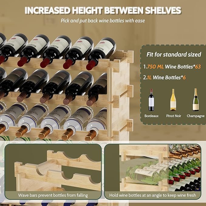 Wine Rack Freestanding Floor, Bamboo 8-Tier 69 Wine Bottle Holder Racks Countertop Cabinet Display, Wooden Stackable Modular Wine Storage Organizer Shelves for Kitchen Bar Cellar Dining Room Natural
