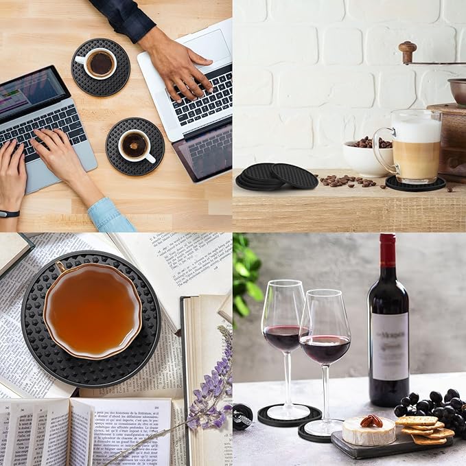 Eccliy 48 Pack Silicone Coasters for Drinks Nonslip Silicone Drink Coasters Cold Hot Heat Resistant for Table Tabletop Coffee Bar (Black)