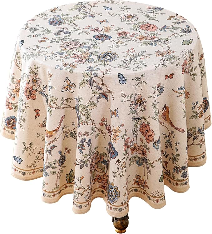 ISAENNE Designer French Light Beige Small Round Tablecloth,Linen Florals and Birds Pattern Table Cloth,Anti-Wrinkle Decorative Tablecloths for Dining Thanksgiving Kitchen,Diameter 55"-Cornucopia