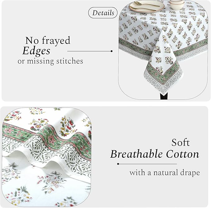 Cotton Print Club-100% Pure Cotton 80"x120" Tablecloth- Indian Hand Block Printed Rectangle - for Wedding, Mothers Day-Forest Green