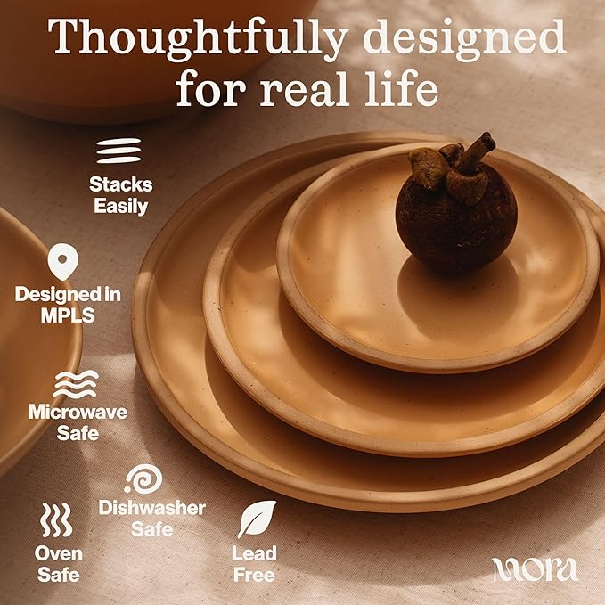 MORA Medium Plates Set of 4, 8.5 inch Ceramic Pottery Salad Plates - Microwave, Oven and Dishwasher Safe - Iris