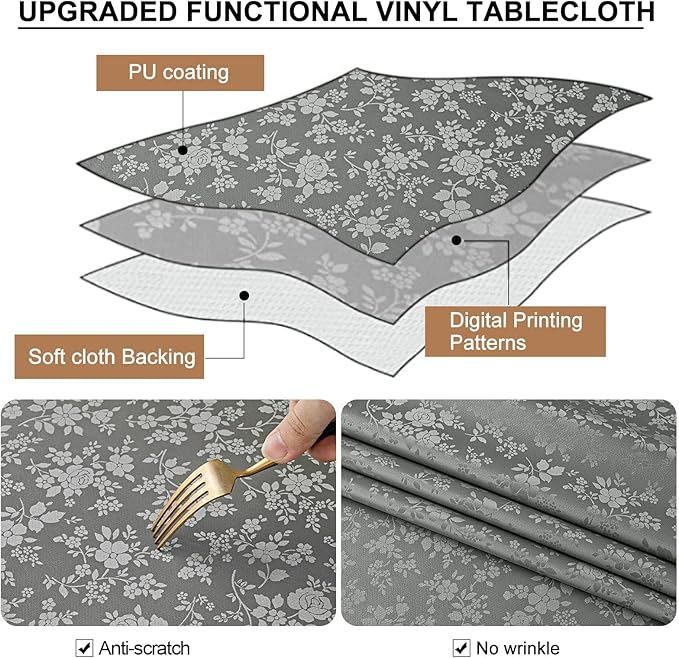Smiry Rectangle Table Cloth, Waterproof Heavy Duty Vinyl Tablecloths, Wipeable Washable Table Cover for Kitchen and Dining Room (Grey, 52" X 70")