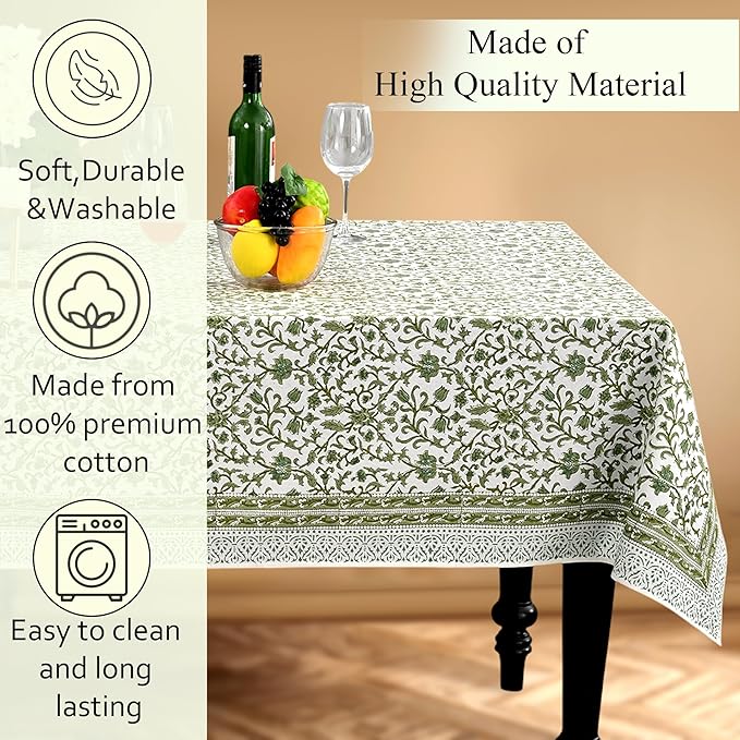 CPC Meadow Vine Tablecloth 100% Cotton 72x140 Inch Indian Block Print Rectangle Table Cover, Table Cloth for Gifting in Weddings, Halloween, Fall, Christmas, Thanksgiving
