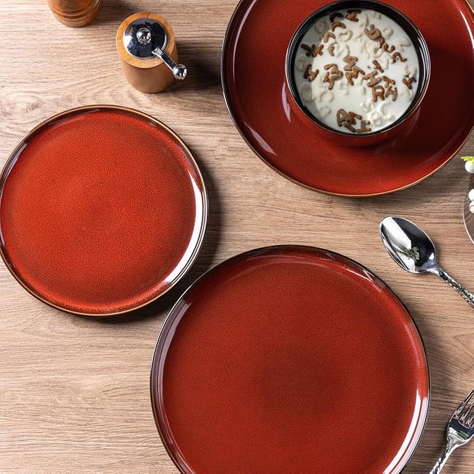 LERATIO Ceramic Dinnerware Sets for 8,Plates and Bowls Sets,Handmade Reactive Glaze Dishes Set,Highly Chip and Crack Resistant | Dishwasher & Microwave & Oven Safe Dishes set,Service for 8-Red(24pc)