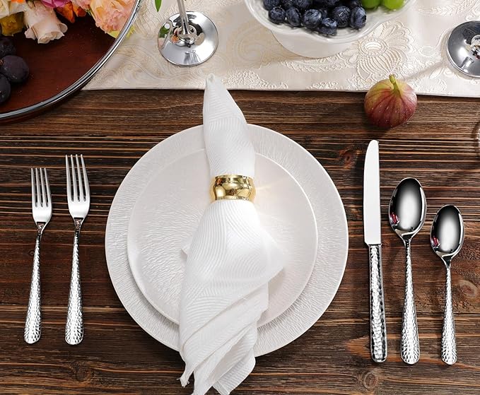 KEAWELL Premium 20/45/65 Piece Louise Hammered Silverware Set with Round Edge, 18/10 Stainless Steel, Service for 4/8/12, Fine Flatware Set, Dishwasher Safe (45)