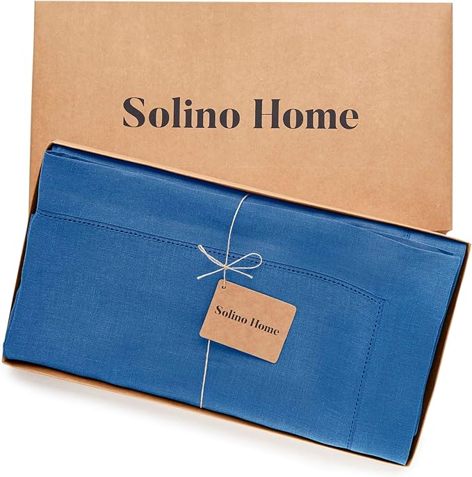 Solino Home Linen Tablecloth 60 x 120 Inch - Classic Hemstitch 100% Pure Linen Indigo Blue Table Cloth for Rectangle Tables - Machine Washable Tablecloth for Winter, Spring, Easter