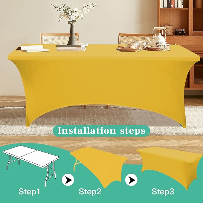 4FT Table Cloth for Rectangular Fitted Events Stretch Yellow Table Covers Washable Spandex Tablecloth Protector for Party, Wedding, Cocktail, Banquet, Festival