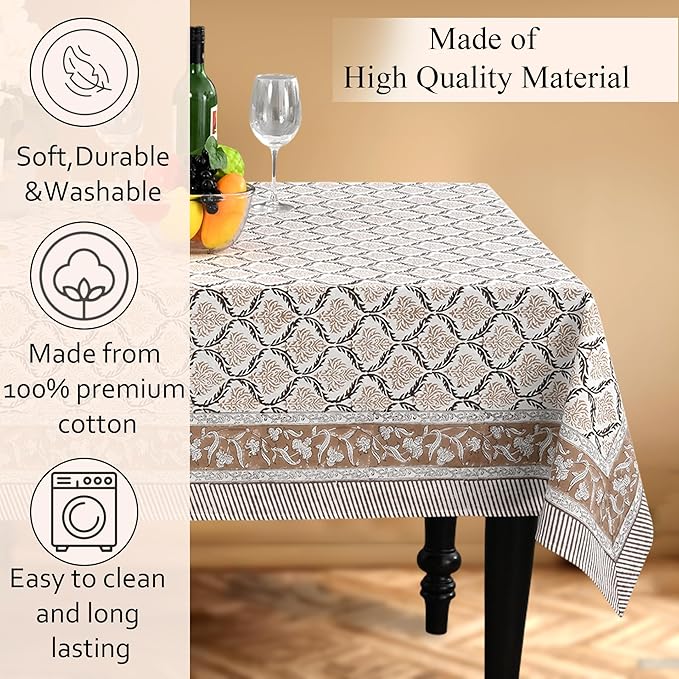 CPC Sandstone Regal Tablecloth 100% Cotton 60x60 Inch Indian Block Print Rectangle Table Cover, Table Cloth for Gifting in Weddings, Halloween, Fall, Christmas, Thanksgiving