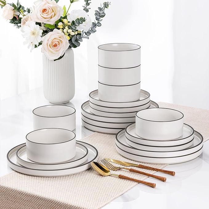 LERATIO Ceramic Dinnerware Sets for 6, High Edge Stoneware Plates and Bowls Set, Chip and Crack Resistant | Oven & Dishwasher & Microwave Safe Dishes Set, Service for 6 -Creamly White