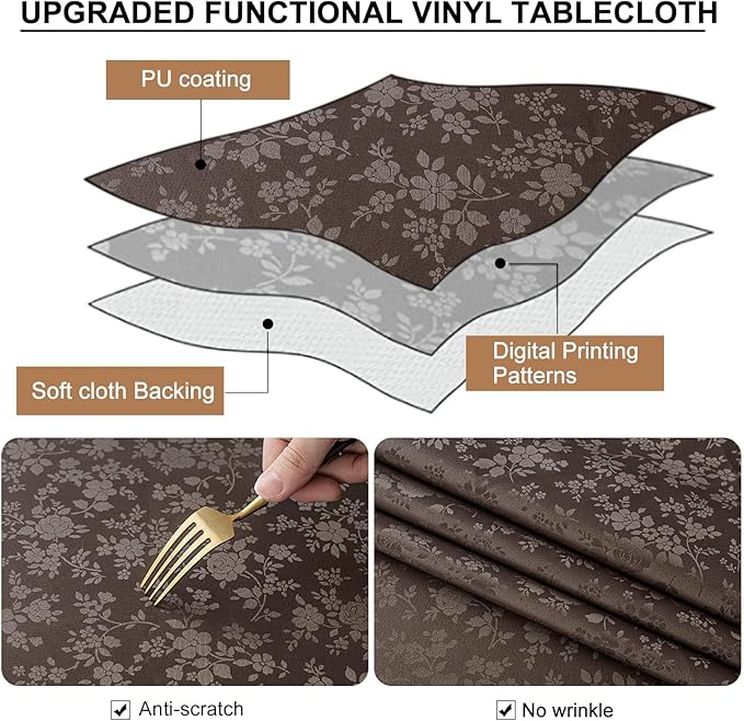 smiry Waterproof Vinyl Tablecloth, Rectangle Heavy Duty Table Cloth, Wipeable Table Cover for Kitchen and Dining Room (Coffee 1, 60X102 Inch)