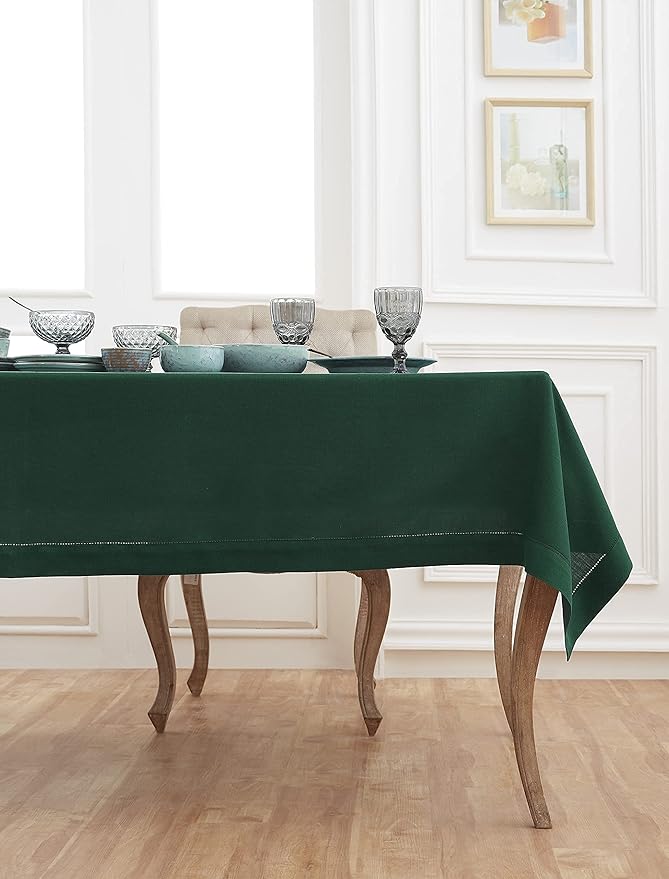 Solino Home Rainforest Green Linen Tablecloth 60 x 108 Inch - Classic Hemstitch, 100% Pure Linen Rectangular Tablecloth - Machine Washable Table Cloth for Winter, St Patricks Day