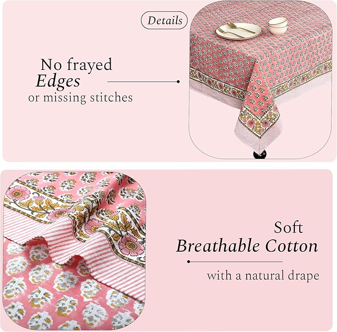 CPC Tablecloth 100% Cotton 70x118 Inch Indian Block Print Rectangle Table Cover, Washable Table Cloth for Weddings, Spring/Summer, Barbeque - Poppy Pink