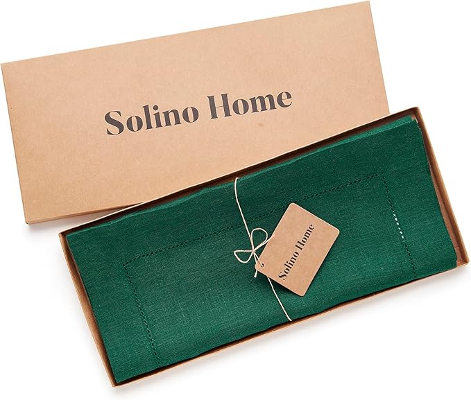 Solino Home Linen Rainforest Green Hemstitch Table Runner 60 Inches - 100% Pure Linen Small Table Runner 14 x 60 Inch Ideal for Dresser and Coffee Tables, St Patricks Day - Classic Hemstitch