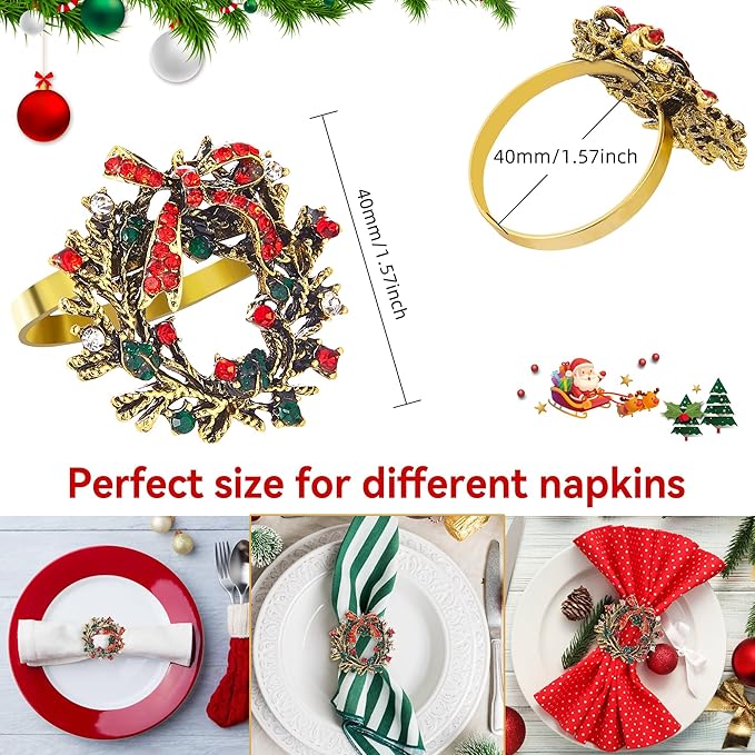 ZeeDix Christmas Wreath Napkin Rings Set of 12, Holiday Rhinestone Christmas Napkin Ring Holders for Cloth Napkins, Napkin Buckle for Thanksgiving Holiday Dinner Table Decor