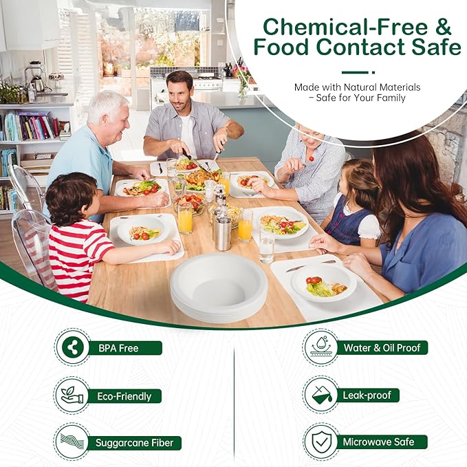 𝟯𝟮 𝗼𝘇, 𝟲𝟴-𝗣𝗮𝗰𝗸 Compostable Paper Bowls, Heavy-Duty Biodegradable Disposable Bowls Made from Bagasse, Eco-Friendly, Microwave & Freezer Safe (White)
