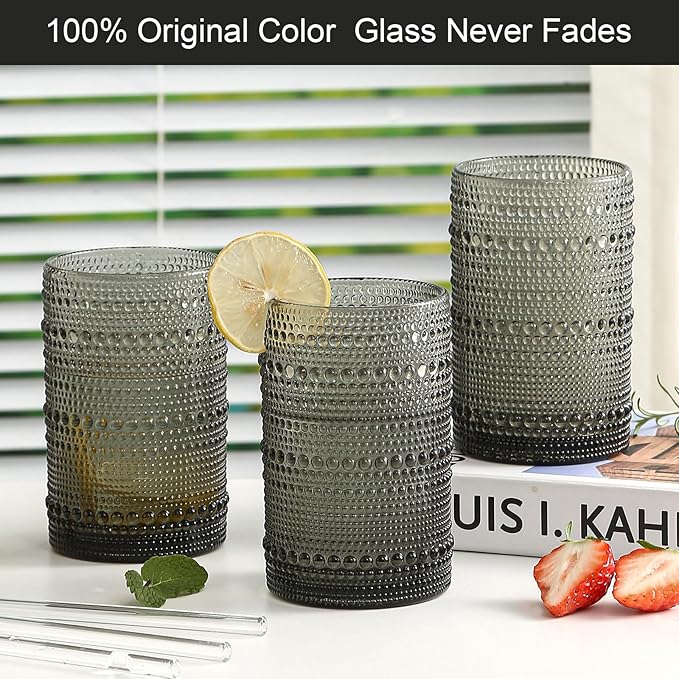 Vintage Hobnail Drinking Glasses Set of 12, 15oz Textured Tumblers - Embossed Grey Bar Glasses for Cocktails, Beer, Whiskey, Dishwasher-Safe Highball Cups for Kitchen, Juice & Mixed Drinks