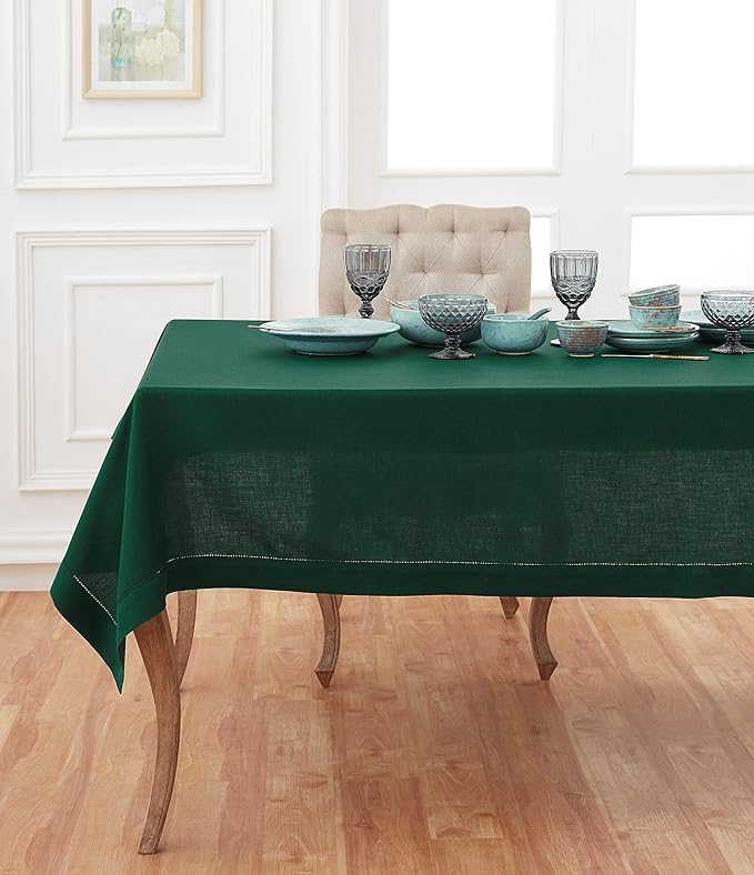 Solino Home Linen Tablecloth 60 x 90 Inch - Classic Hemstitch 100% Pure Linen Rainforest Green Table Cloth for Rectangle Tables - Machine Washable Tablecloth for Winter, St Patricks Day
