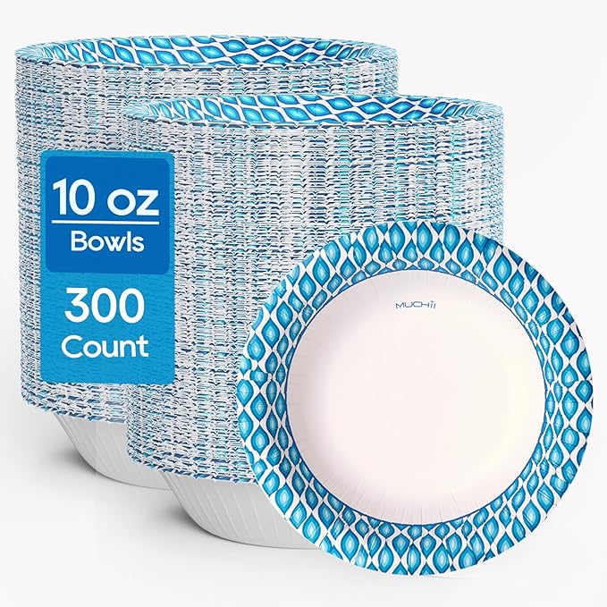 MUCHII 300 Count Paper Bowls 10 Oz Disposable Bowls, Printed Soak Proof Small Bowls for Snacks, Dessert, And Light Lunch Meals