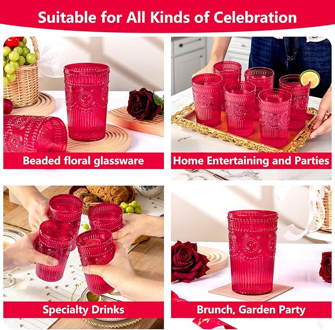 Ciaell 12 Pack Romantic Plastic Water Glasses - 14 Oz Red Vintage Drinking Glasses, Embossed Ribbed Plastic Cups, Textured Striped Set for Juice, Beverages, Beer, Cocktail & Valentine's Day