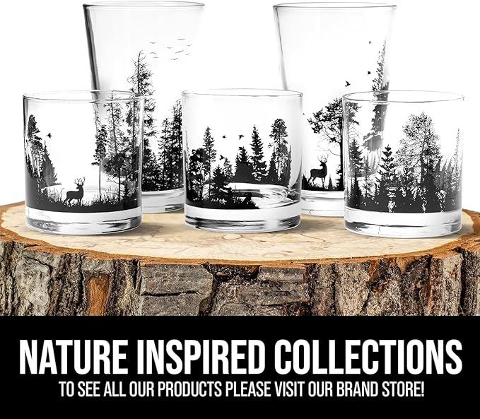 Black Lantern Whiskey Glass Set of 4 – 11oz Old Fashioned Bourbon, Scotch & Cocktail Tumblers with Forest Animal Nature Design | Premium Heavy-Base Barware