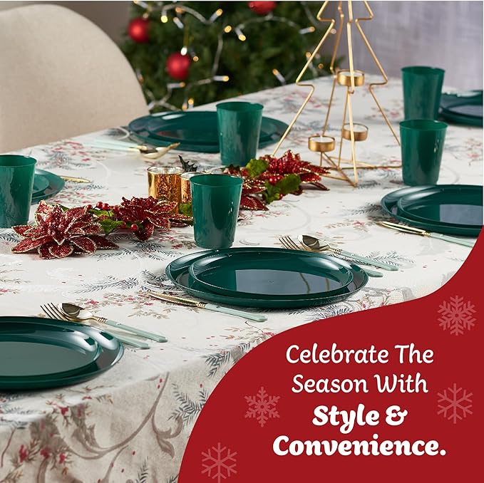 PLASTICPRO [30 Pack 6.3'' Christmass Green Plastic Party Plates Edge Collection Premium heavyweight Elegant Disposable Tableware Dishes