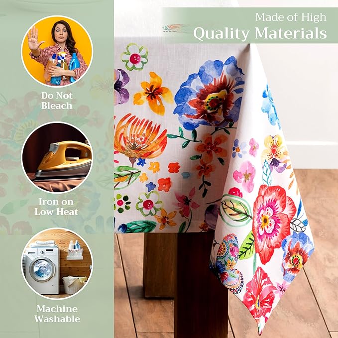 Maison d' Hermine Table Cloth Rectangle Table 100% Cotton 70 x 108 Inches Tablecloth Reusable Decorative for Dining Room Farmhouse Valentines Day Decorations Spring Summer- Happy Florals - High Summer
