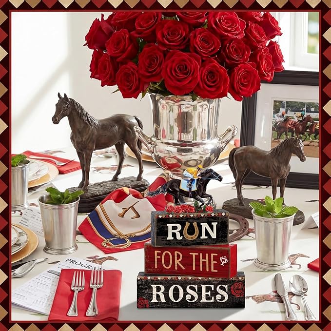 4 Pcs Derby Day Party Decorations Horse Centerpieces for Tables Run for The Roses Table Signs Horsing Racing Wooden Decorations for Derby Shelf Office Festival Party Supplies