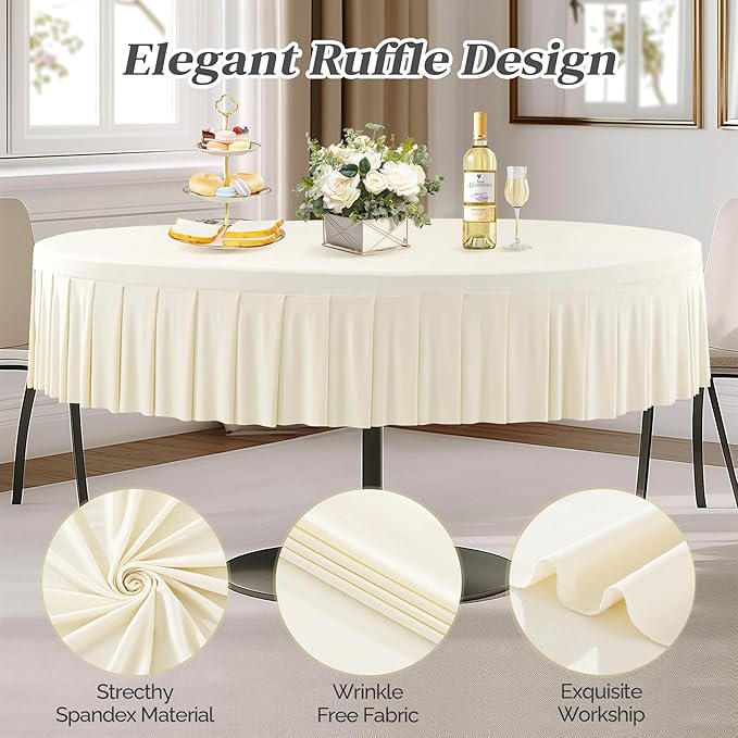Ivory Spandex Round Tablecloths - 60 inch Fitted Table Cover with Skirt for Wedding Party Dining Banquet