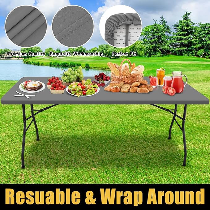 Smiry Rectangle Picnic Table Cloth, Waterproof Elastic Fitted Tablecloths for 5 Foot Tables, Washable Polyester Table Cover for Camping, Indoor and Outdoor (Grey, 36"x60")