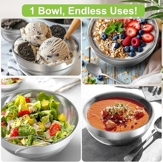 Stainless Steel Bowls, 6 Pack 5.9in 20.6oz 610ml Medium SUS304 Double Wall Insulated Stackable Metal Cereal Bowl Containers for Dishes Eating Serving Snacks Ice Cream Soup Food Rice Salad